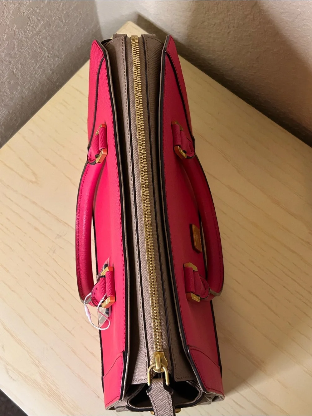 Authentic MCM Saffiano Leather Colorblock Satchel Tote Pink Taupe Gold Hardware